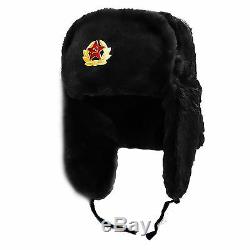 Faux Fur Russian Hat With Soviet Badge In Black