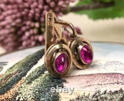 Fine Vintage Soviet Women's Earrings Russian Gilt Sterling Silver 875 Ruby USSR