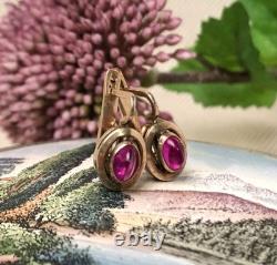 Fine Vintage Soviet Women's Earrings Russian Gilt Sterling Silver 875 Ruby USSR