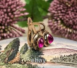 Fine Vintage Soviet Women's Earrings Russian Gilt Sterling Silver 875 Ruby USSR