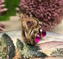 Fine Vintage Soviet Women's Earrings Russian Gilt Sterling Silver 875 Ruby USSR