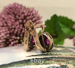 Fine Vintage Soviet Women's Earrings Russian Gilt Sterling Silver 875 Ruby USSR