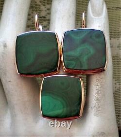 LARGE Vintage Russian USSR 14K 585 Rose Pink Gold Green Malachite Cocktail RING