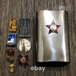 Lot Of 7 Soviet Era Russian Communist Party Pinbacks & 90s Stainless Steel Flask