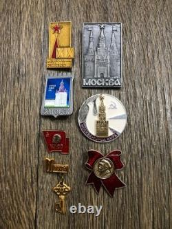 Lot Of 7 Soviet Era Russian Communist Party Pinbacks & 90s Stainless Steel Flask