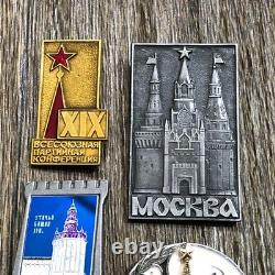Lot Of 7 Soviet Era Russian Communist Party Pinbacks & 90s Stainless Steel Flask