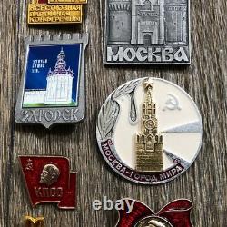 Lot Of 7 Soviet Era Russian Communist Party Pinbacks & 90s Stainless Steel Flask