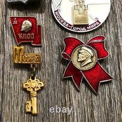 Lot Of 7 Soviet Era Russian Communist Party Pinbacks & 90s Stainless Steel Flask