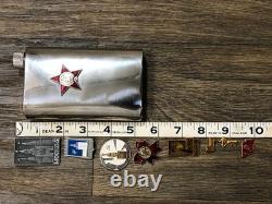 Lot Of 7 Soviet Era Russian Communist Party Pinbacks & 90s Stainless Steel Flask
