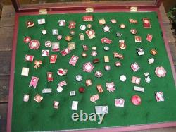 Lot of 80 Plus Vintage Russian USSR Lenin Soviet Pins With Display Case