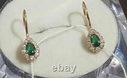 NEW Earrings emerald + CZ fine jewelry, Russian gold 14k soviet style ussr