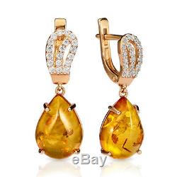 NEW Russian fine jewelry Earrings USSR style Solid Rose Gold 14K 585 3.75g amber