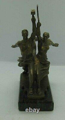 Old BRONZE STATUE WORKER KOLKHOZNITSA w. Sickle and Hammer CCCP Russian CAST