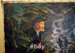 Original Soviet Russian Big Oil painting Realism Lenin on a hoot 1960s USSR