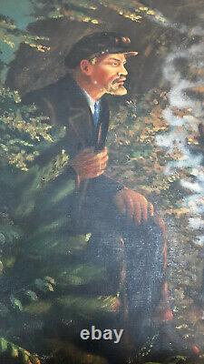 Original Soviet Russian Big Oil painting Realism Lenin on a hoot 1960s USSR