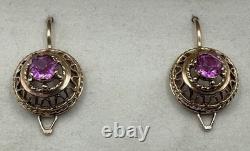 Original Vintage USSR Soviet Russian Rose Gold 583 14k Earrings corundum Stone