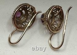 Original Vintage USSR Soviet Russian Rose Gold 583 14k Earrings corundum Stone