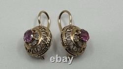 Original Vintage USSR Soviet Russian Rose Gold 583 14k Earrings corundum Stone