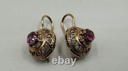 Original Vintage USSR Soviet Russian Rose Gold 583 14k Earrings corundum Stone
