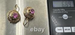 Original Vintage USSR Soviet Russian Rose Gold 583 14k Earrings corundum Stone