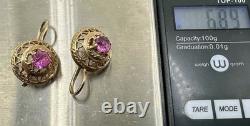 Original Vintage USSR Soviet Russian Rose Gold 583 14k Earrings corundum Stone