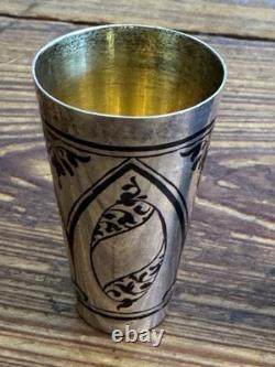 Pair of Vintage Russian Soviet 875 Silver Niello Vodka Shot Glasses with Gold Wash