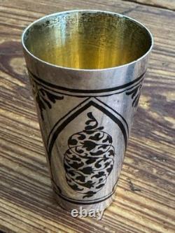 Pair of Vintage Russian Soviet 875 Silver Niello Vodka Shot Glasses with Gold Wash