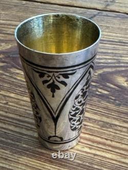 Pair of Vintage Russian Soviet 875 Silver Niello Vodka Shot Glasses with Gold Wash