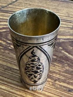 Pair of Vintage Russian Soviet 875 Silver Niello Vodka Shot Glasses with Gold Wash