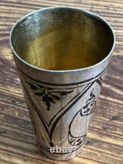 Pair of Vintage Russian Soviet 875 Silver Niello Vodka Shot Glasses with Gold Wash