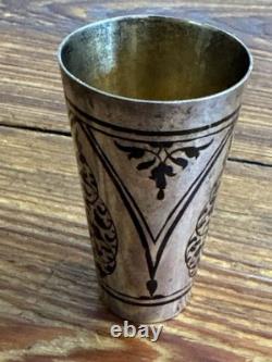 Pair of Vintage Russian Soviet 875 Silver Niello Vodka Shot Glasses with Gold Wash