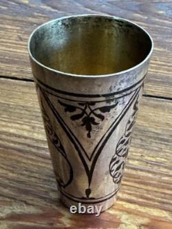 Pair of Vintage Russian Soviet 875 Silver Niello Vodka Shot Glasses with Gold Wash