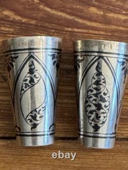 Pair of Vintage Russian Soviet 875 Silver Niello Vodka Shot Glasses with Gold Wash