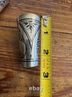 Pair of Vintage Russian Soviet 875 Silver Niello Vodka Shot Glasses with Gold Wash