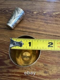 Pair of Vintage Russian Soviet 875 Silver Niello Vodka Shot Glasses with Gold Wash