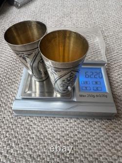 Pair of Vintage Russian Soviet 875 Silver Niello Vodka Shot Glasses with Gold Wash