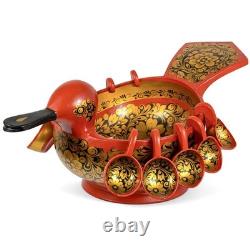 RARE Vintage Large Soviet Russian Khokhloma Duck Bowl w 10 Hanging Cups USSR