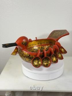RARE Vintage Large Soviet Russian Khokhloma Duck Bowl w 10 Hanging Cups USSR