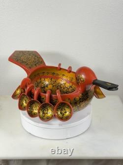 RARE Vintage Large Soviet Russian Khokhloma Duck Bowl w 10 Hanging Cups USSR