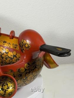 RARE Vintage Large Soviet Russian Khokhloma Duck Bowl w 10 Hanging Cups USSR