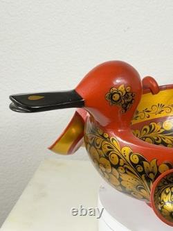 RARE Vintage Large Soviet Russian Khokhloma Duck Bowl w 10 Hanging Cups USSR