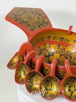 RARE Vintage Large Soviet Russian Khokhloma Duck Bowl w 10 Hanging Cups USSR