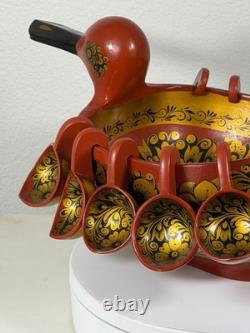 RARE Vintage Large Soviet Russian Khokhloma Duck Bowl w 10 Hanging Cups USSR
