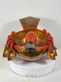 RARE Vintage Large Soviet Russian Khokhloma Duck Bowl w 10 Hanging Cups USSR