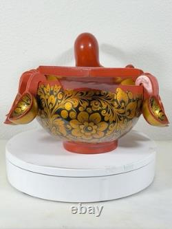 RARE Vintage Large Soviet Russian Khokhloma Duck Bowl w 10 Hanging Cups USSR