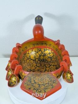 RARE Vintage Large Soviet Russian Khokhloma Duck Bowl w 10 Hanging Cups USSR