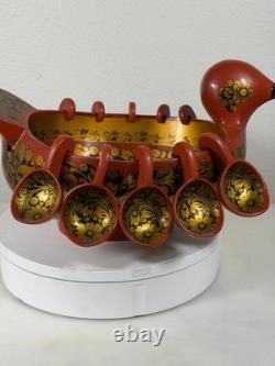 RARE Vintage Large Soviet Russian Khokhloma Duck Bowl w 10 Hanging Cups USSR
