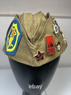 Rare Soviet Union Russian Military Hat & Pins. USSR CCCP Badge with 3 patches