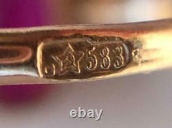 Rare Vintage Soviet Russian Rose Gold Ring Ruby Enamel 583 14K Size 6.5 USSR