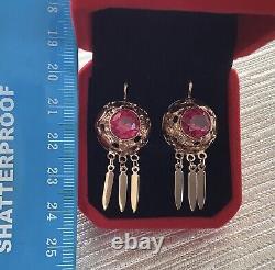 Regal Vintage Soviet Rose Gold Earrings with Ruby 583 14K USSR, Solid Gold